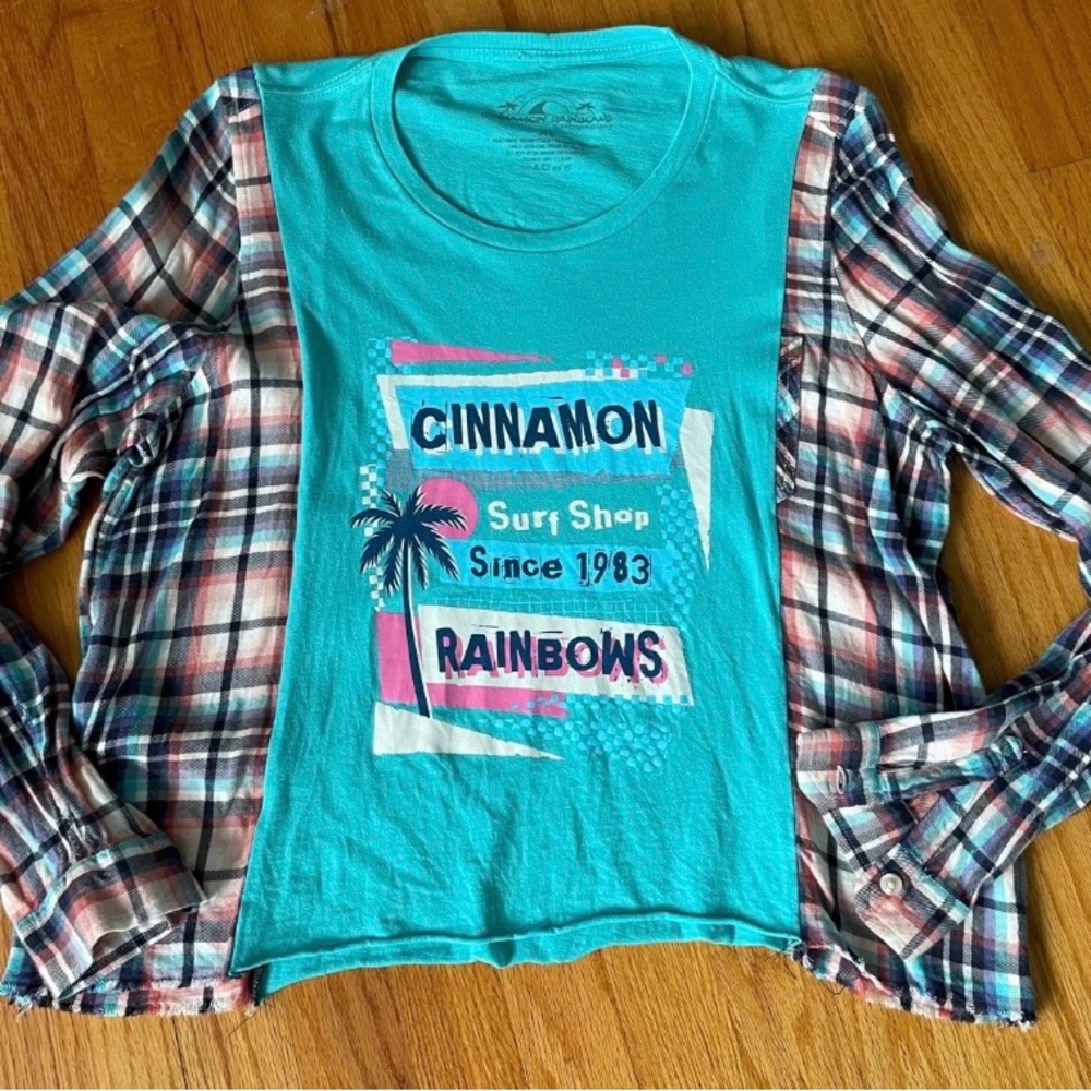 Upcycled Cinnamon Rainbows Surf Shop Flannel Tee - Hampton, NH
